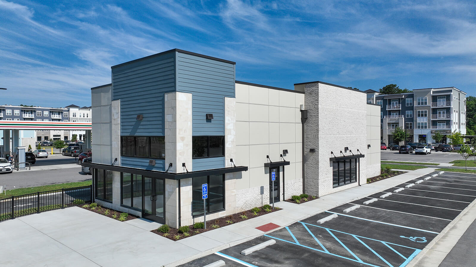 Corner Elevation Shows the Building at 1701 Bridgeport Way, available for lease