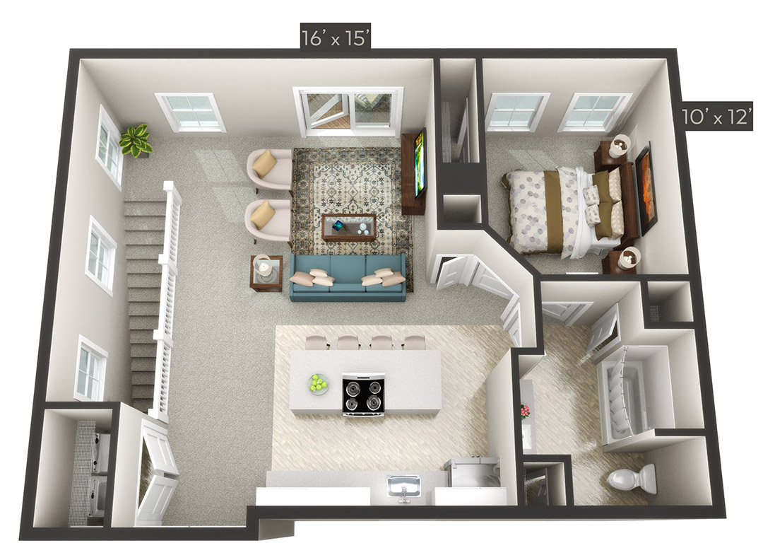 3D graphic illustration of a one bedroom living space on the second floor of a carriage house